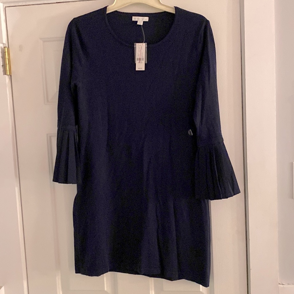 New York & Co woman’s navy blue dress, size M, 3/4 length pleated sleeves